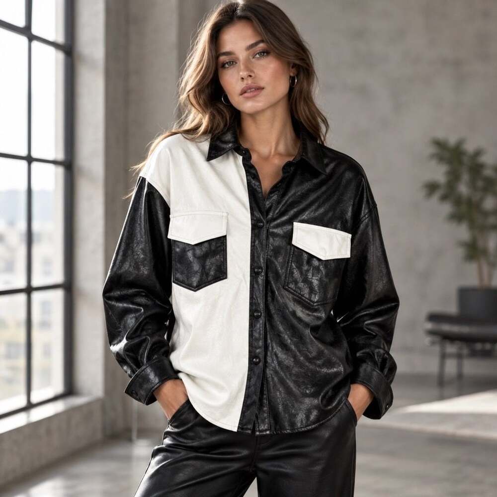 Le Lis Collection Vintage Faux Leather Shirt Size M Black White Colorblock